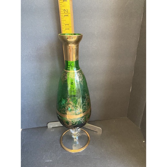 Vintage Green Glass Footed Vase, Gold Trim 10 1/2” Tall - Picture 9 of 9